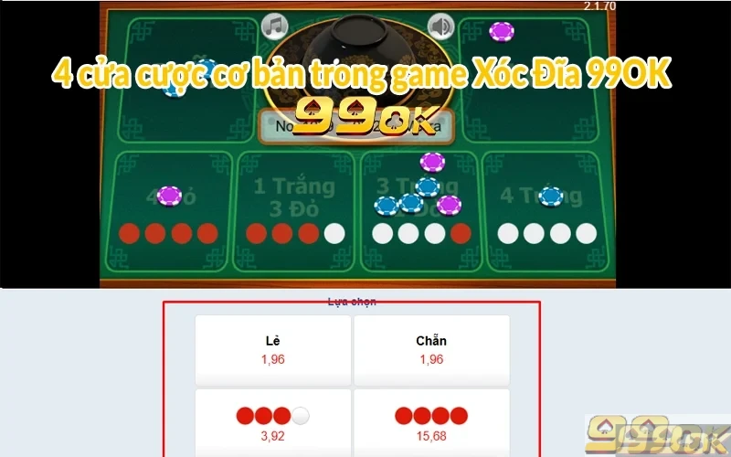 Xóc Đĩa 99OK - Siêu phẩm trả thưởng xanh chín nhất 2025 4 cửa cược cơ bản trong game Xóc Đĩa 99OK